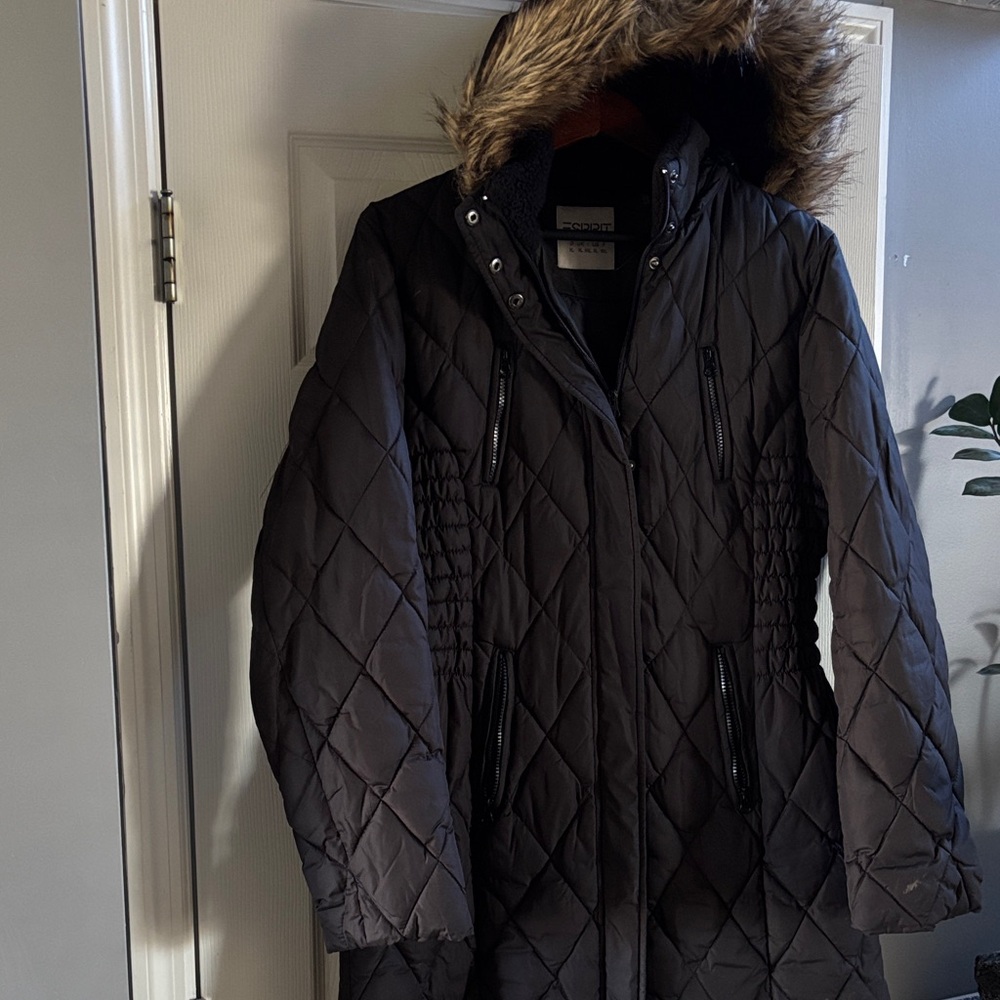Esprit Quilted Puffer Coat w/ Faux Fur Trim Hood